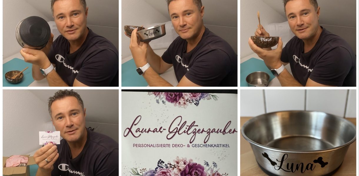 Produkttest Hundenapf -Kokosschale Lauras Glitzerzauber - personalisierte Deko- und Geschenkartikel - getestet von Videoleben von familyeller