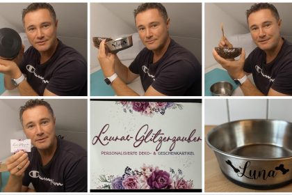 Produkttest Hundenapf -Kokosschale Lauras Glitzerzauber - personalisierte Deko- und Geschenkartikel - getestet von Videoleben von familyeller