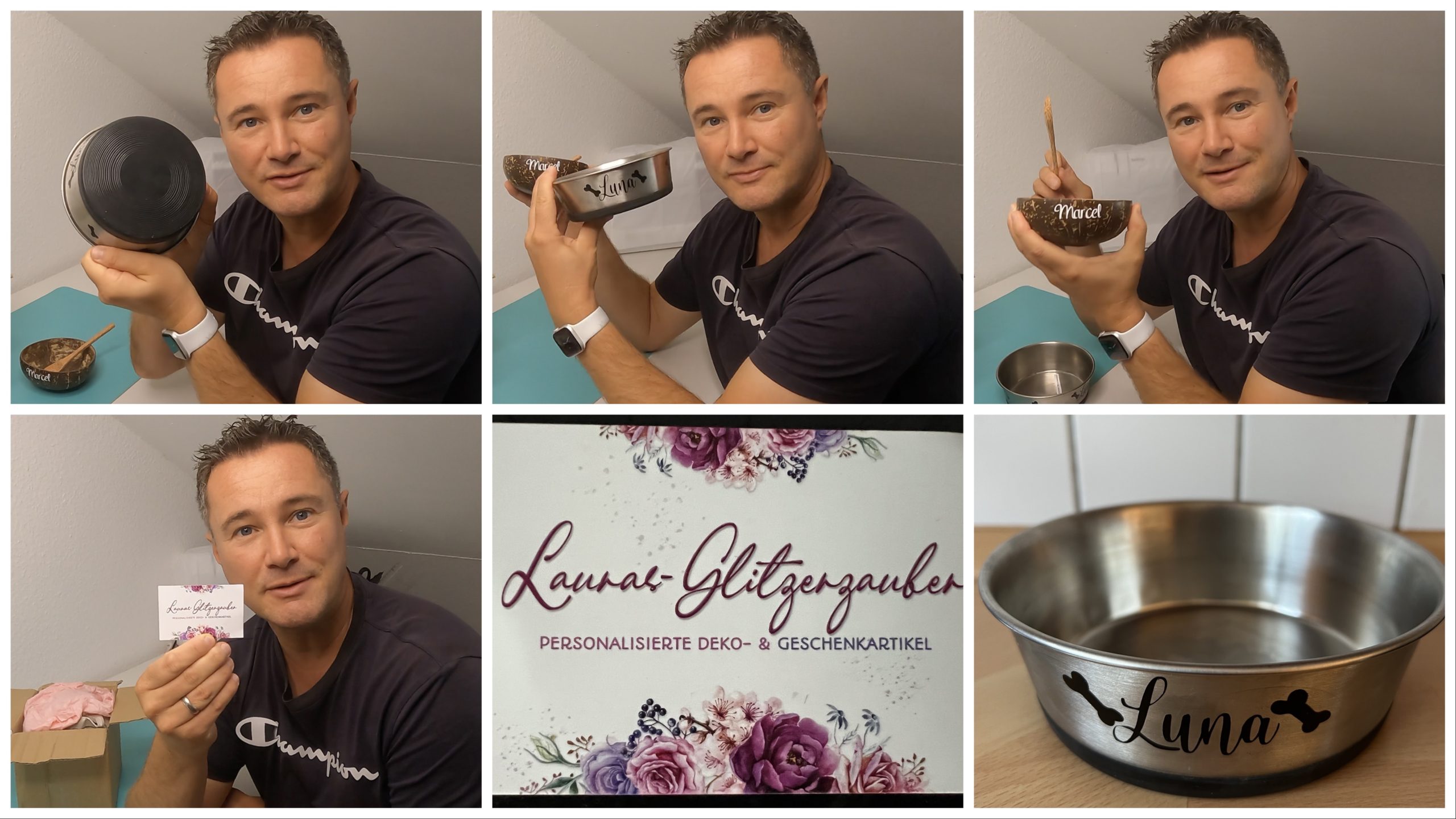 Produkttest Hundenapf -Kokosschale Lauras Glitzerzauber - personalisierte Deko- und Geschenkartikel - getestet von Videoleben von familyeller