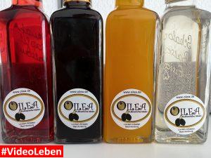 Flaschen mit Logo - Produkttest - Schalotten Crema, Mango Granatapfel, Crema Balsamica und mehr von Oilea - Videoleben - Rezeptfamilie - Familyeller