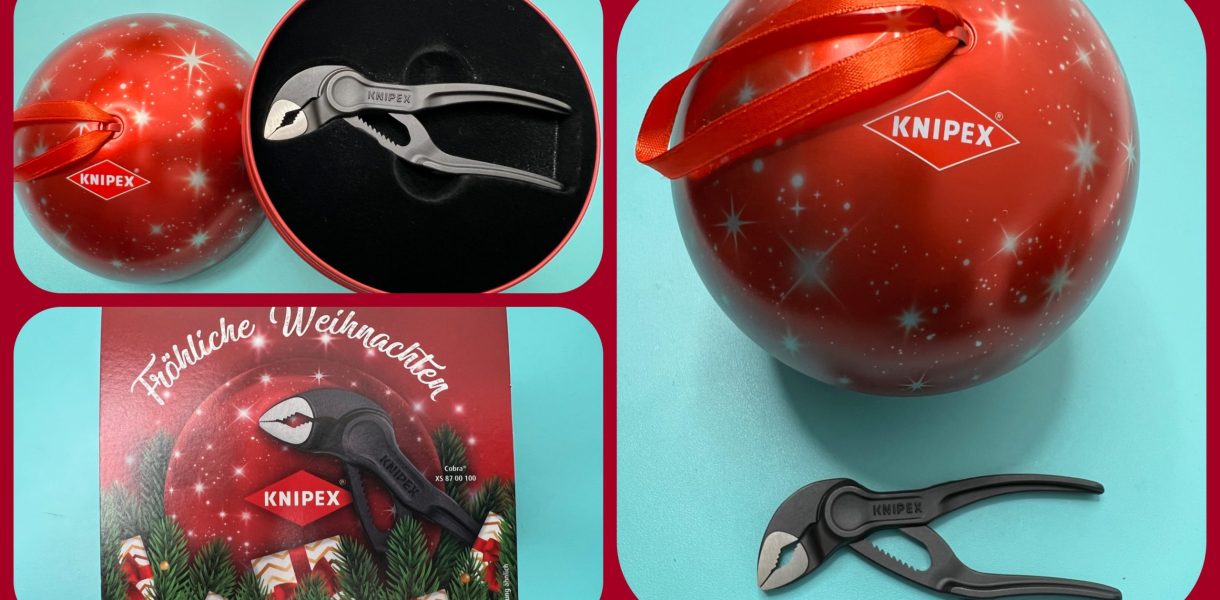 Mini-Wasserpumpenzange KNIPEX Cobra XS in festlicher Weihnachtskugel - gezeigt von videoleben von familyeller