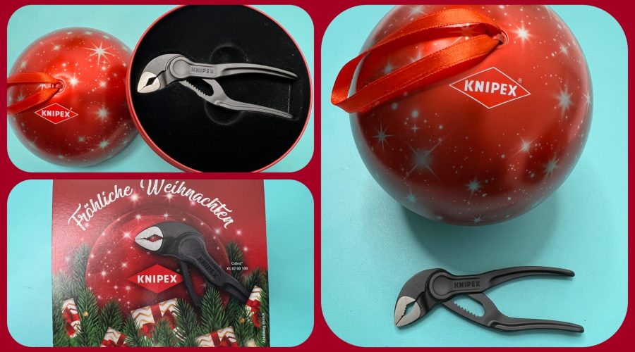 Mini-Wasserpumpenzange KNIPEX Cobra XS in festlicher Weihnachtskugel - gezeigt von videoleben von familyeller