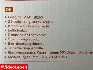 Leistungsmerkmale - Produkttest - Drcokars Heizlüfter-3 Modi energiesparend leise 1800W elektrische Keramikheizung PTC - getetstet von videoleben von familyeller