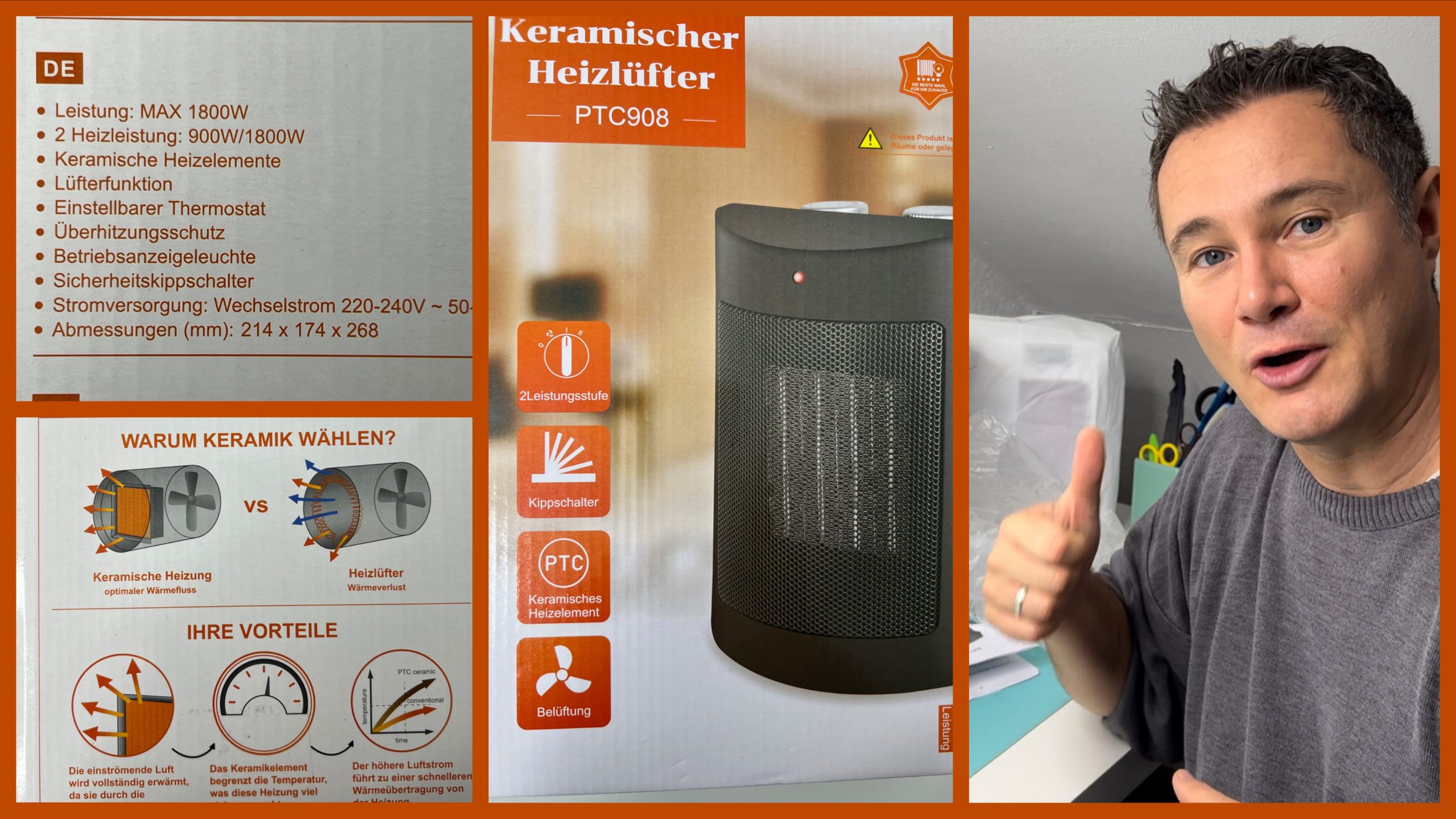 Produkttest - Drcokars Heizlüfter-3 Modi energiesparend leise 1800W elektrische Keramikheizung PTC - getetstet von videoleben von familyeller