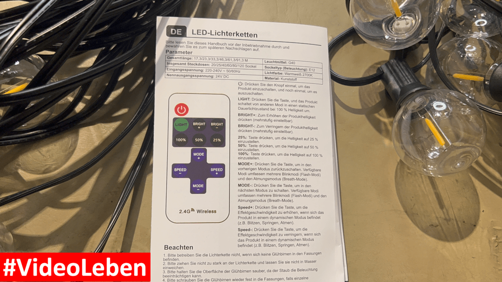 Fernbedienung - Die perfekte G40 LED Lichterkette für draußen und drinnen - vorgestellt von videoleben von familyeller