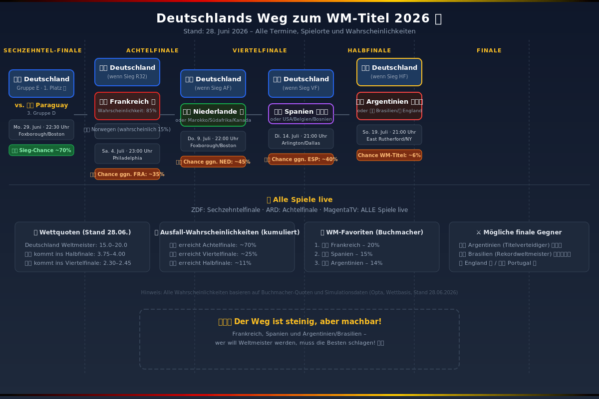 Deutschlands Weg zum WM-Titel 2026 – Turnierbaum mit Terminen, Spielorten und Wahrscheinlichkeiten