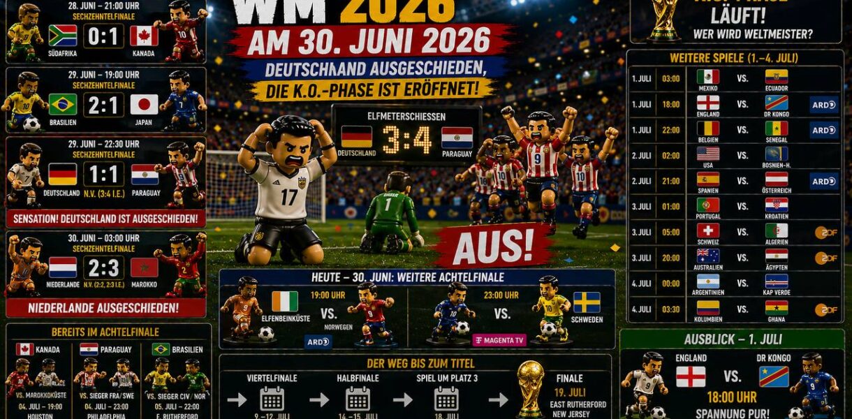 WM 2026 am 30. Juni – Sechzehntelfinale K.o.-Phase