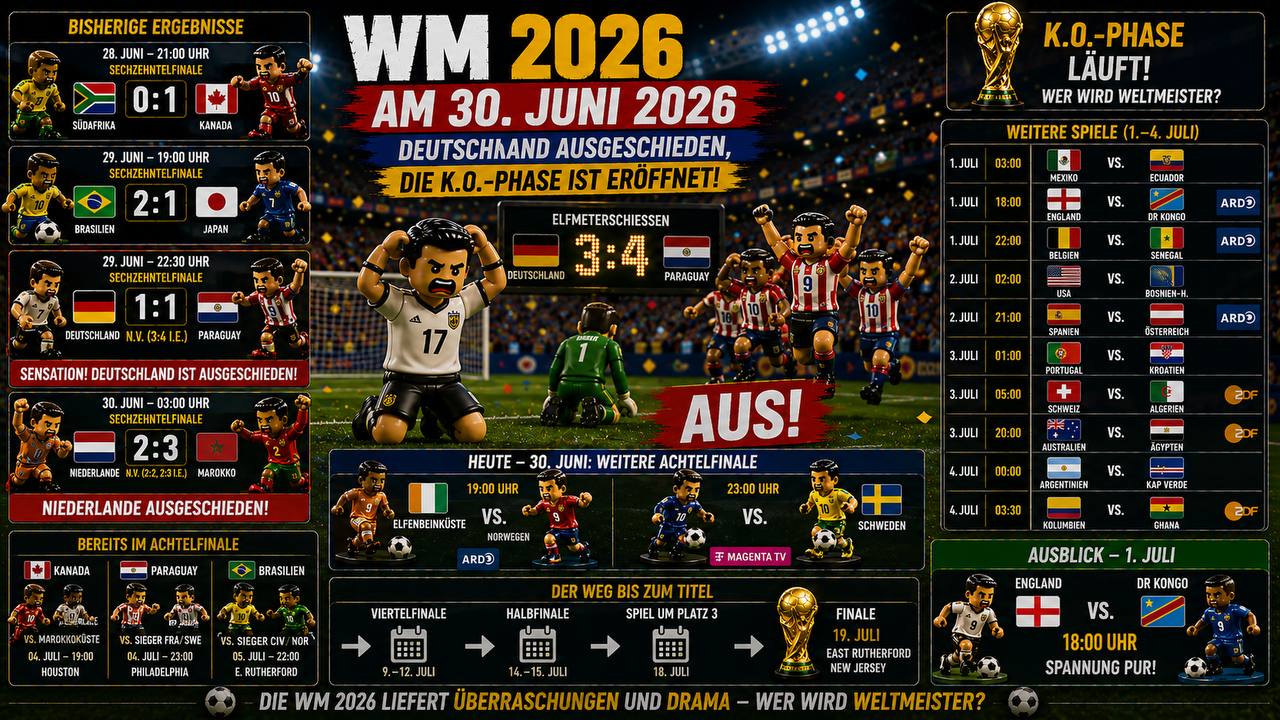 WM 2026 am 30. Juni – Deutschland ausgeschieden, K.o.-Phase läuft