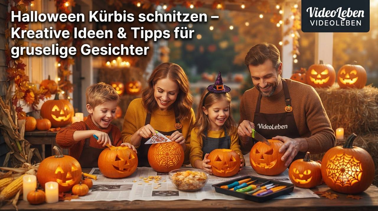 🤖 KI-generiertes Bild: Halloween Kürbis schnitzen – Familie beim Kürbisschnitzen