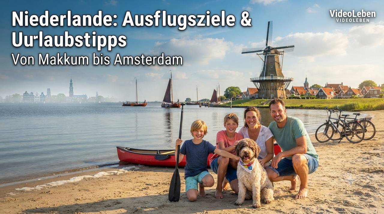 Familie am Strand vor einem See mit Segelbooten – Niederlande Ausflugsziele und Urlaubstipps