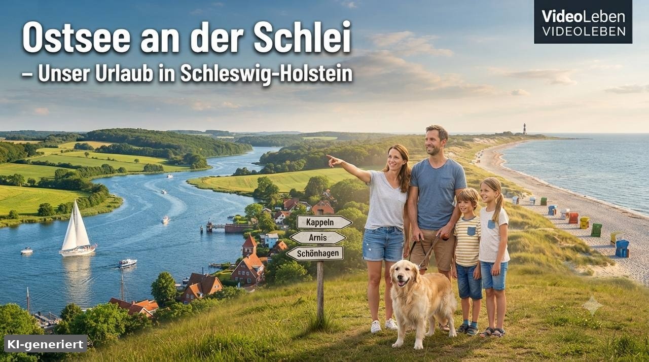 KI-generiertes Beitragsbild: Familie auf der Ostsee-Schlei mit Hund