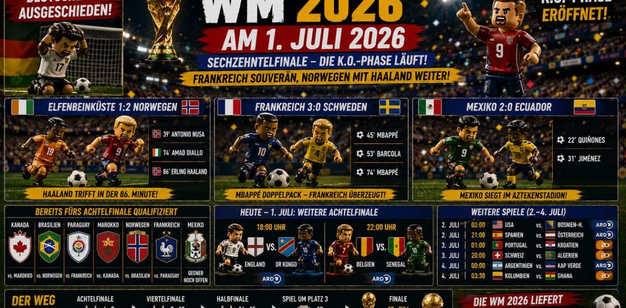 WM 2026 am 1. Juli – Sechzehntelfinale: Frankreich souverän, Norwegen mit Haaland weiter