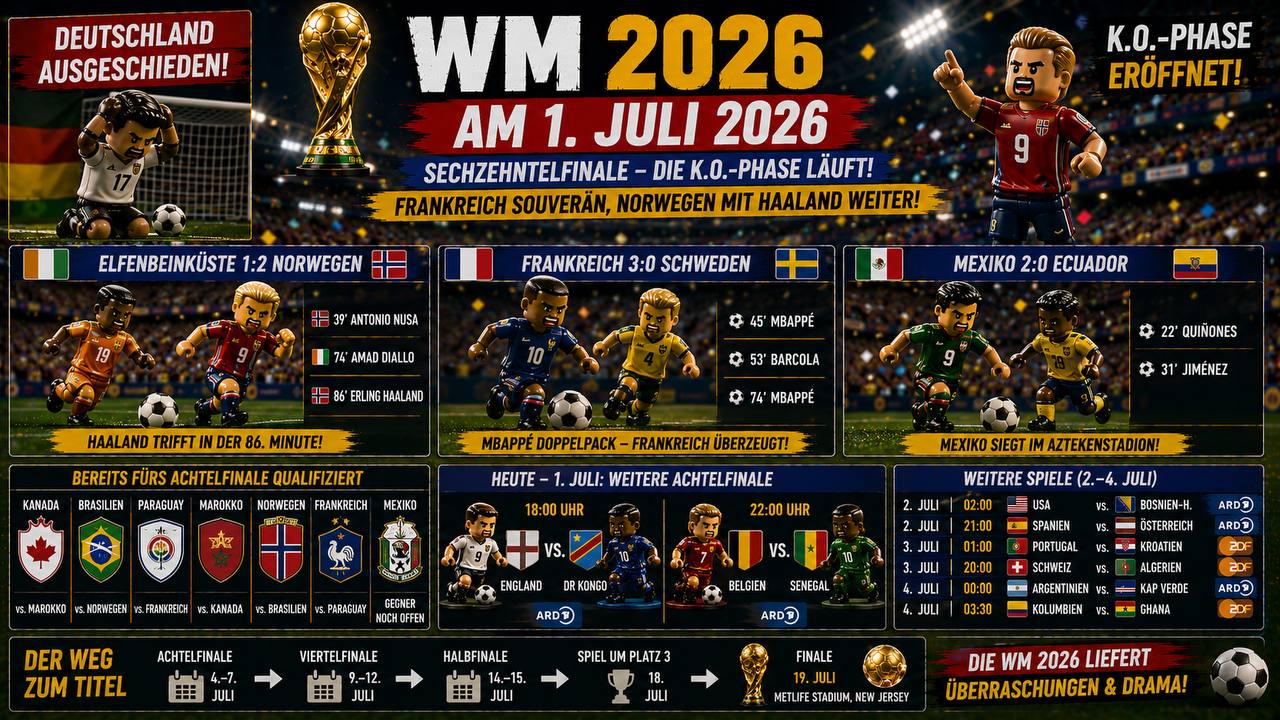 WM 2026 am 1. Juli – Sechzehntelfinale: Frankreich souverän, Norwegen mit Haaland weiter