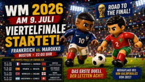 WM 2026 am 9. Juli – Viertelfinale Frankreich gegen Marokko