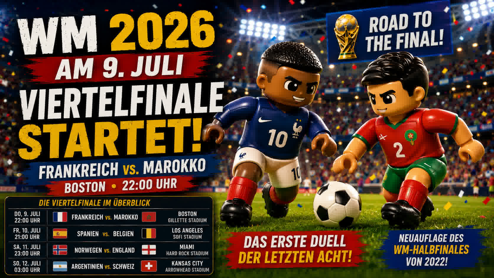 WM 2026 am 9. Juli – Viertelfinale Frankreich gegen Marokko