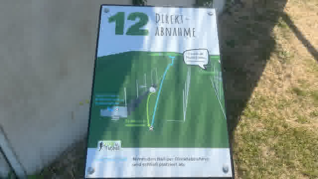 Zwölfte Station des Fußballgolf-Platzes mit Erklärung – die vorletzte Herausforderung auf dem Platz