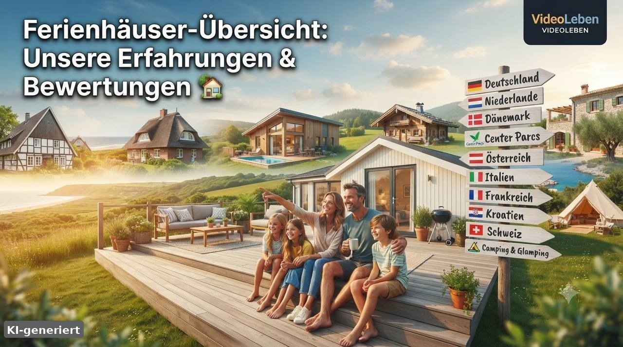 KI-generiert: Familie auf der Veranda eines Ferienhauses – Ferienhäuser-Übersicht
