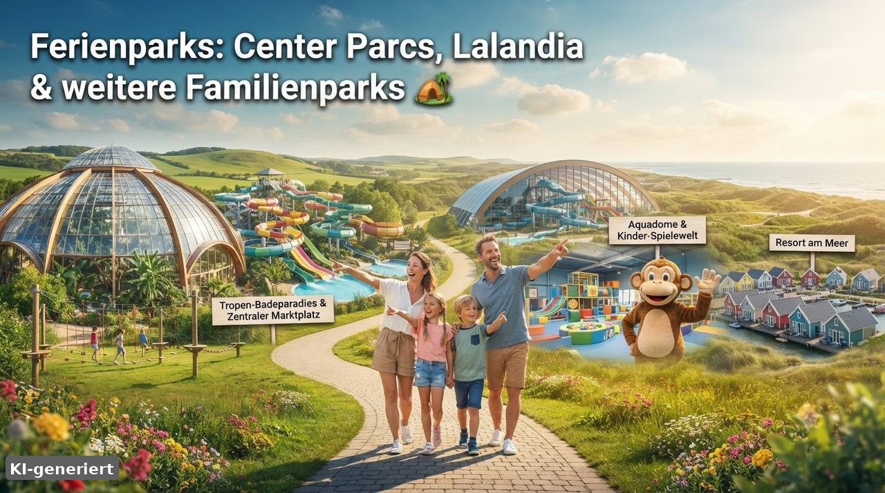 KI-generiert: Familie im Ferienpark – Center Parcs, Lalandia & mehr