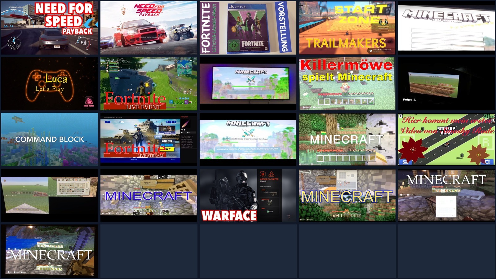 Gaming bei Familie Eller – Collage aus unseren Gaming-Videos mit Minecraft, Fortnite, Need for Speed und mehr