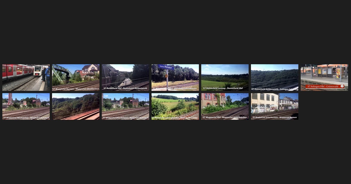 Collage aus 13 YouTube-Thumbnails der S7-Fahrvideos: S-Bahn-Linie 7 durch Wuppertal, Remscheid und Solingen im Bergischen Land