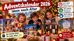 Adventskalender 2026 – Ideen nach Alter: Kinder öffnen Türchen von Bilderkalender, Spielzeug-Kalender, Kosmetikkalender und Geschichtenkalender (KI-generiertes Bild)