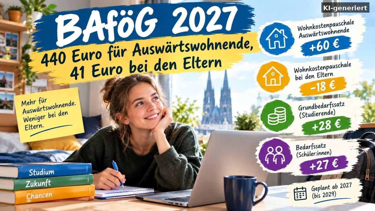 BAföG 2027: 440 Euro für Auswärtswohnende, 41 Euro bei den Eltern (KI-generiert)