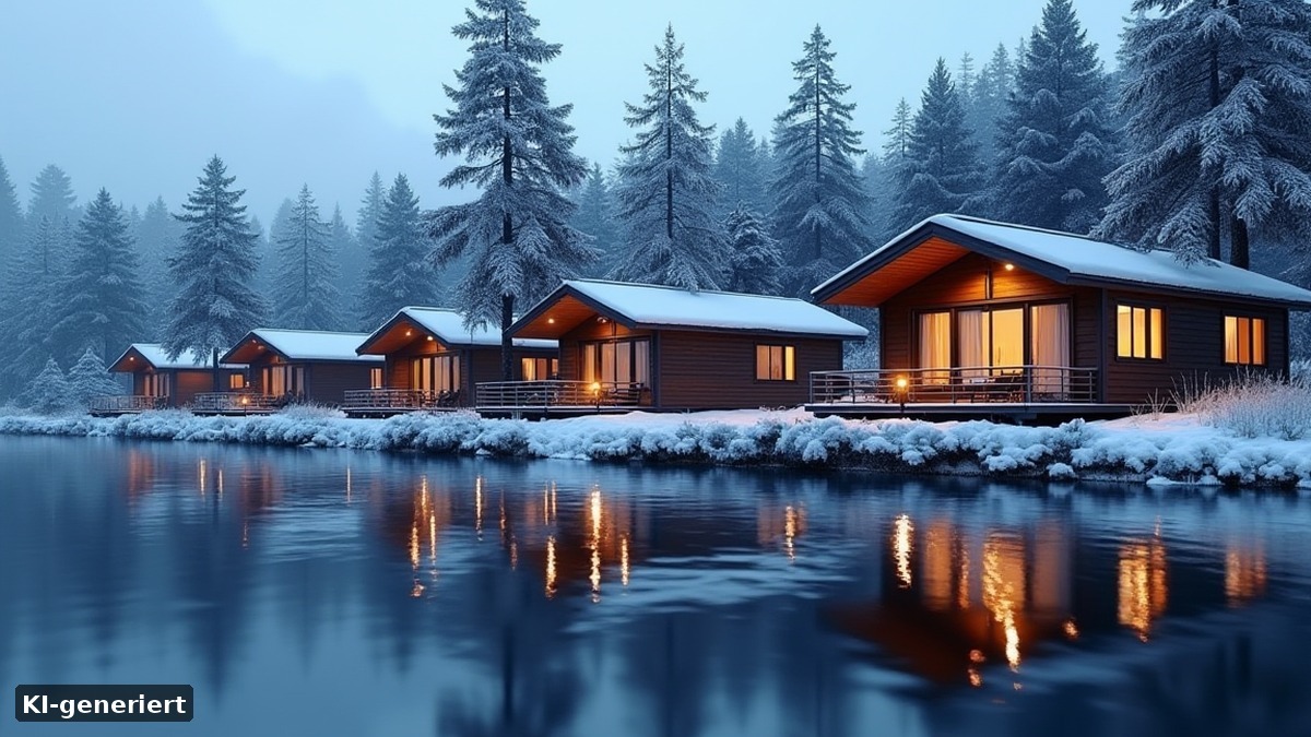 Winterliches Ferienhausdorf am See – Symbolbild (KI-generierte Darstellung)