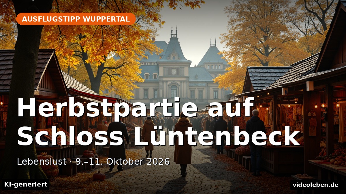 Text-Cover zur Herbstpartie Lebenslust auf Schloss Lüntenbeck in Wuppertal, 9. bis 11. Oktober 2026 (KI-generiert)