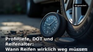 Profiltiefe, DOT und Reifenalter – Beitragsbild mit Titel (KI-generierte Darstellung)