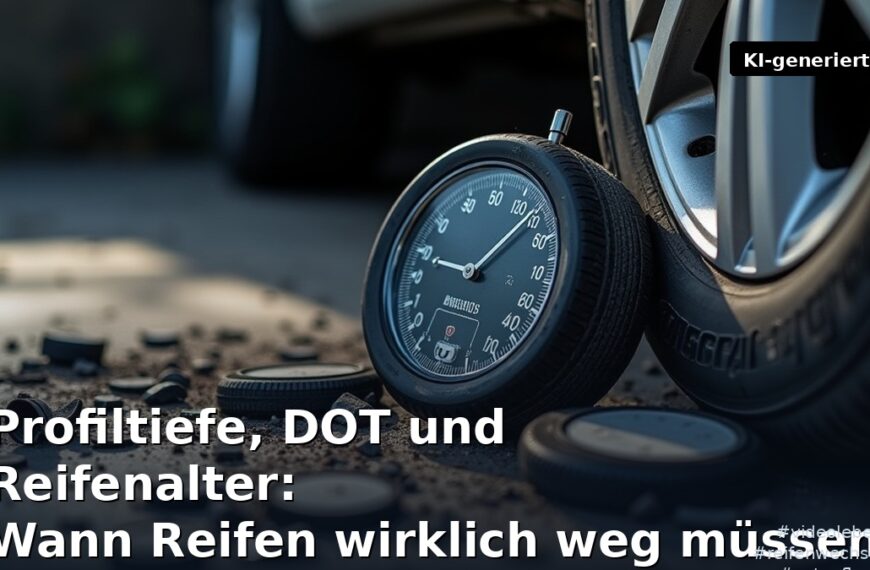 Profiltiefe, DOT und Reifenalter – Beitragsbild mit Titel (KI-generierte Darstellung)