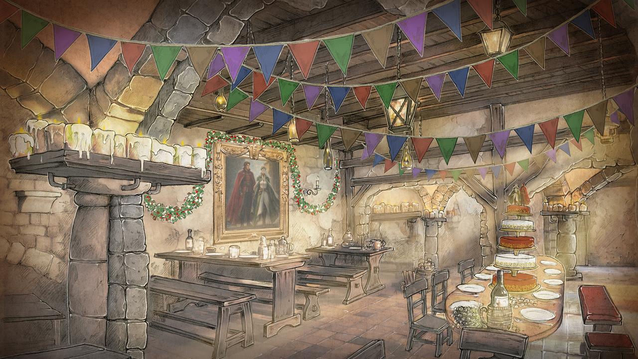 Festlich gedeckte Tafel im Bankettsaal der Herberge De Verslaeghen Draek in Raveleijn