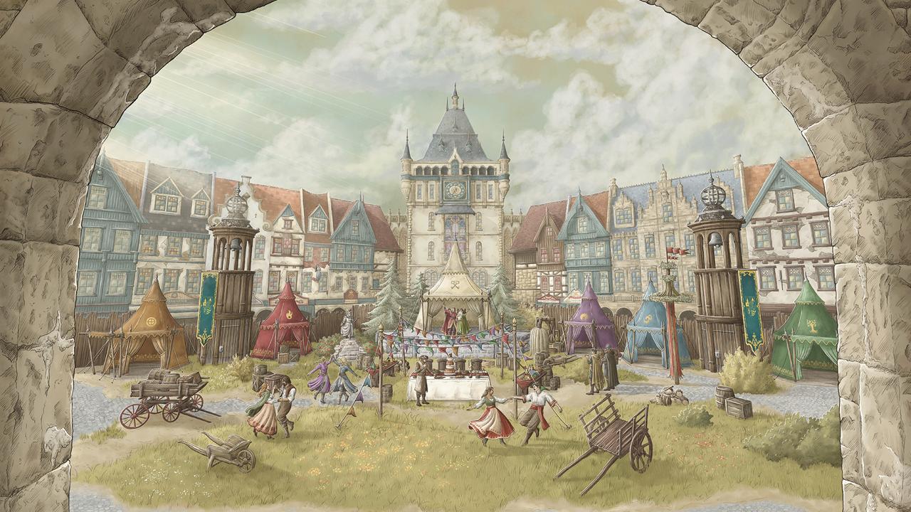 Raveleijn in Efteling: mittelalterlicher Stadtplatz mit bunten Zelten, Holztürmen und Uhrturm