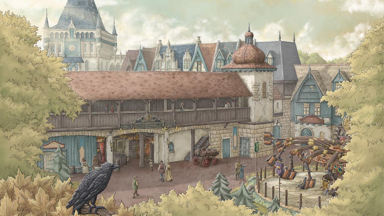 Ravenring in Efteling: Rabe auf dem Marktplatz vor dem Royal Marketplace mit schwingendem Fahrgeschäft