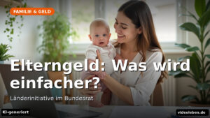 Text-Cover der Rubrik Familie & Geld: Elterngeld – Was wird einfacher? Länderinitiative zum Elterngeld vereinfachen im Bundesrat. KI-generiertes Hintergrundbild.