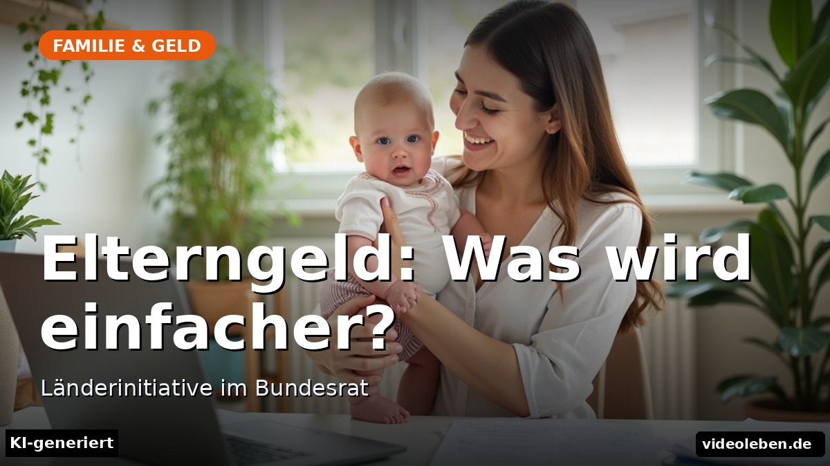 Text-Cover der Rubrik Familie & Geld: Elterngeld – Was wird einfacher? Länderinitiative zum Elterngeld vereinfachen im Bundesrat. KI-generiertes Hintergrundbild.