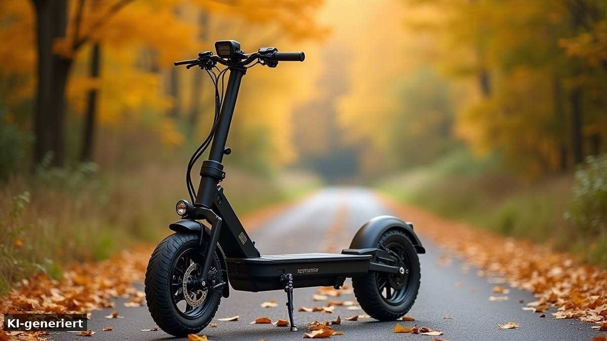 E-Scooter mit dicken Offroad-Reifen auf einem herbstlichen Radweg – Symbolbild (KI-generierte Darstellung)