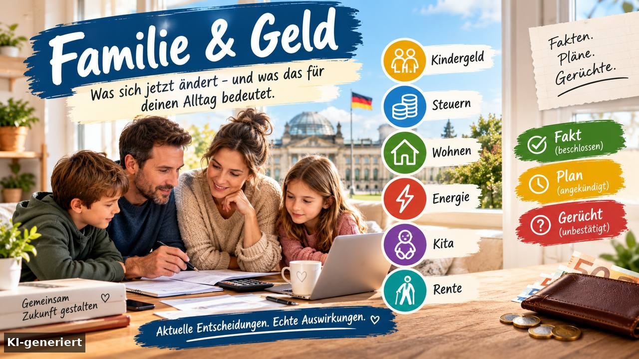 Familie und Geld: Titelbild der Rubrik Familie und Geld – Beschlüsse, Zahlen und Folgen für Familien. KI-generiertes Bild.