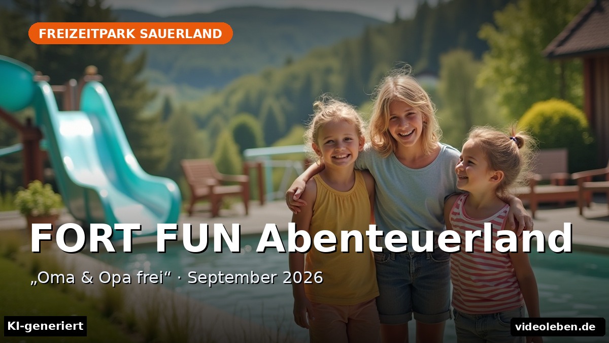FORT FUN Abenteuerland im Sauerland: Familie vor Wasserattraktion und Karussell, Beitragsbild mit Titel und Hinweis auf die Aktion "Oma & Opa frei" (KI-generiert)