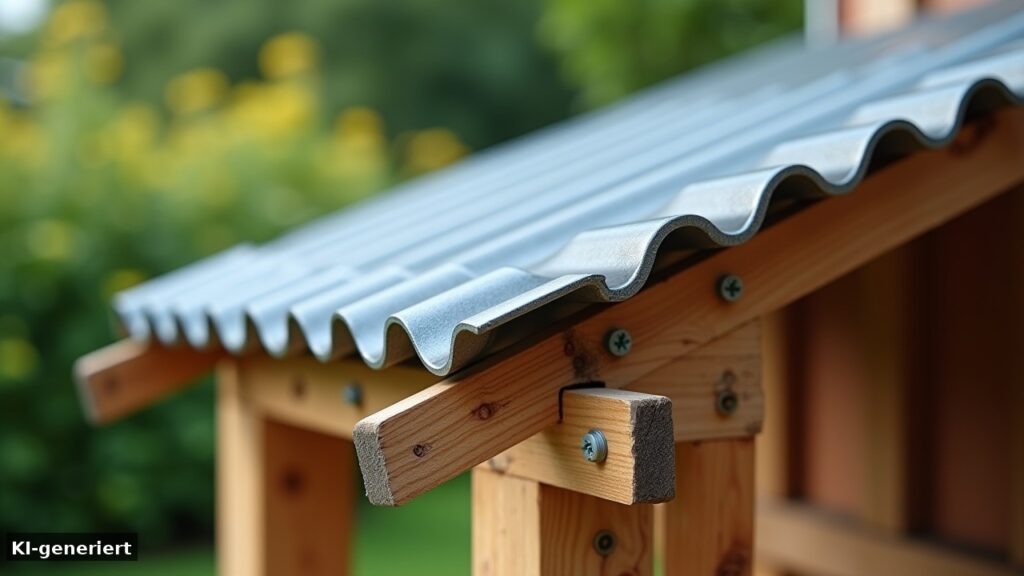 Detail: Trapezblechdach mit Konterlattung und Dachüberstand über der Palettenküche (KI-generiert)