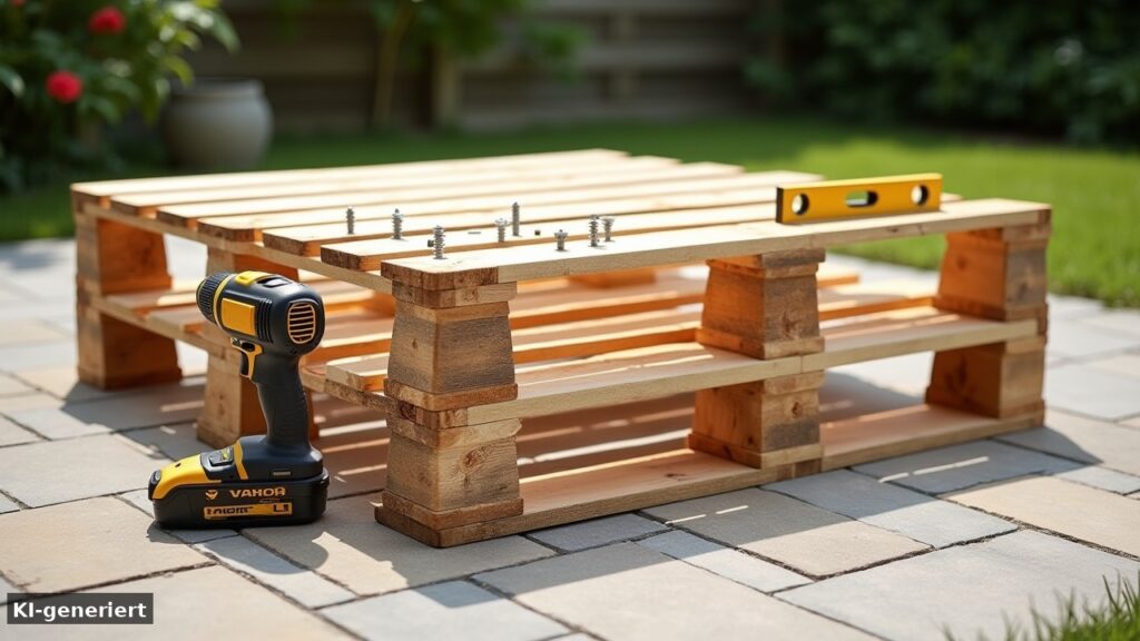Zwei hochkant gestellte Paletten stehen als Grundgerüst auf Bautenschutzmatten im Garten (KI-generiert)