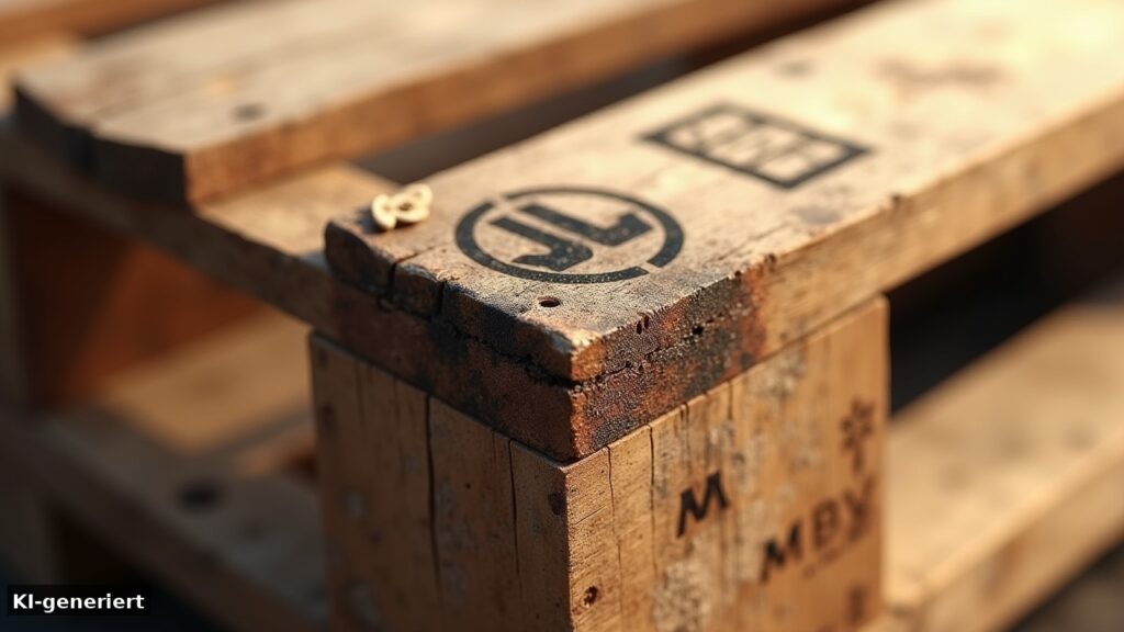 Nahaufnahme des IPPC-Stempels mit HT auf einem Palettenklotz aus Holz (KI-generiert)