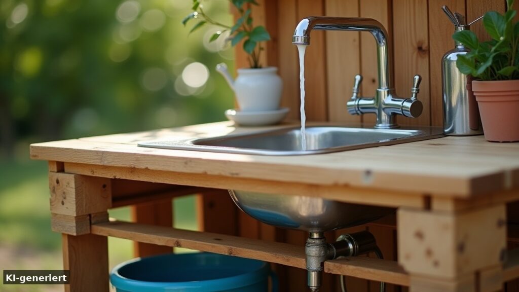 Einbauspüle mit Wasserkanister und Tauchpumpe unter der Arbeitsplatte der Gartenküche (KI-generiert)
