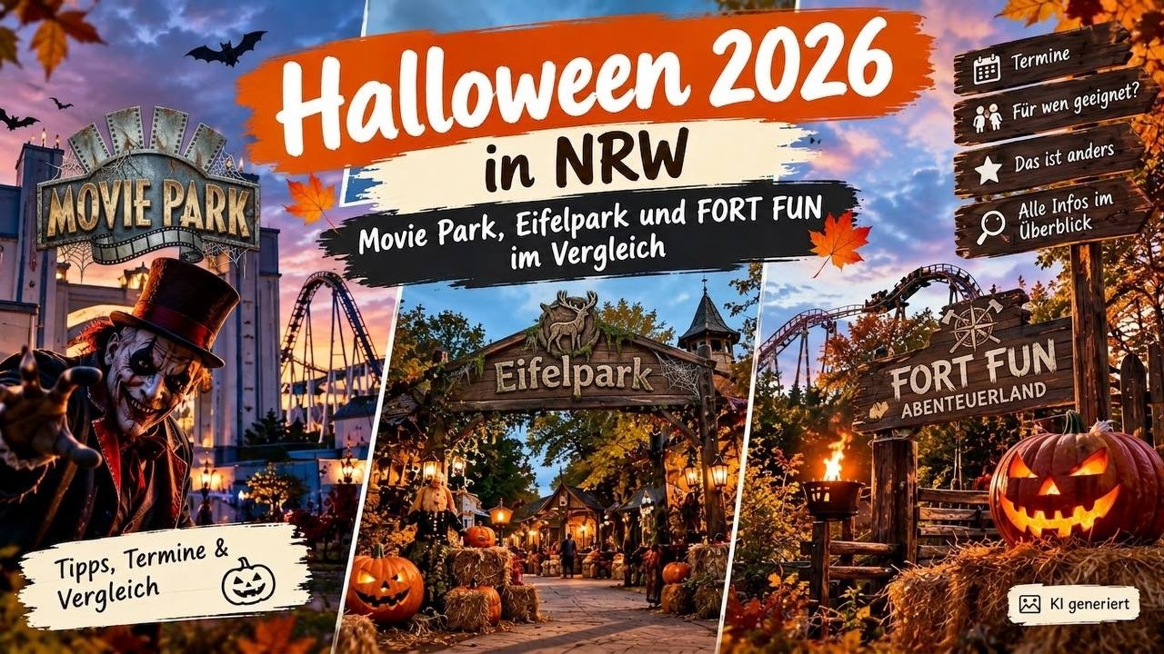 Beitragsbild: Halloween 2026 in NRW – Movie Park, Eifelpark und FORT FUN im Vergleich (KI-generiert)