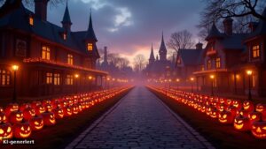 Halloween Horror Festival 2026 im Movie Park: beleuchtete Kürbisse und Nebel im herbstlichen Freizeitpark (KI-generiert)