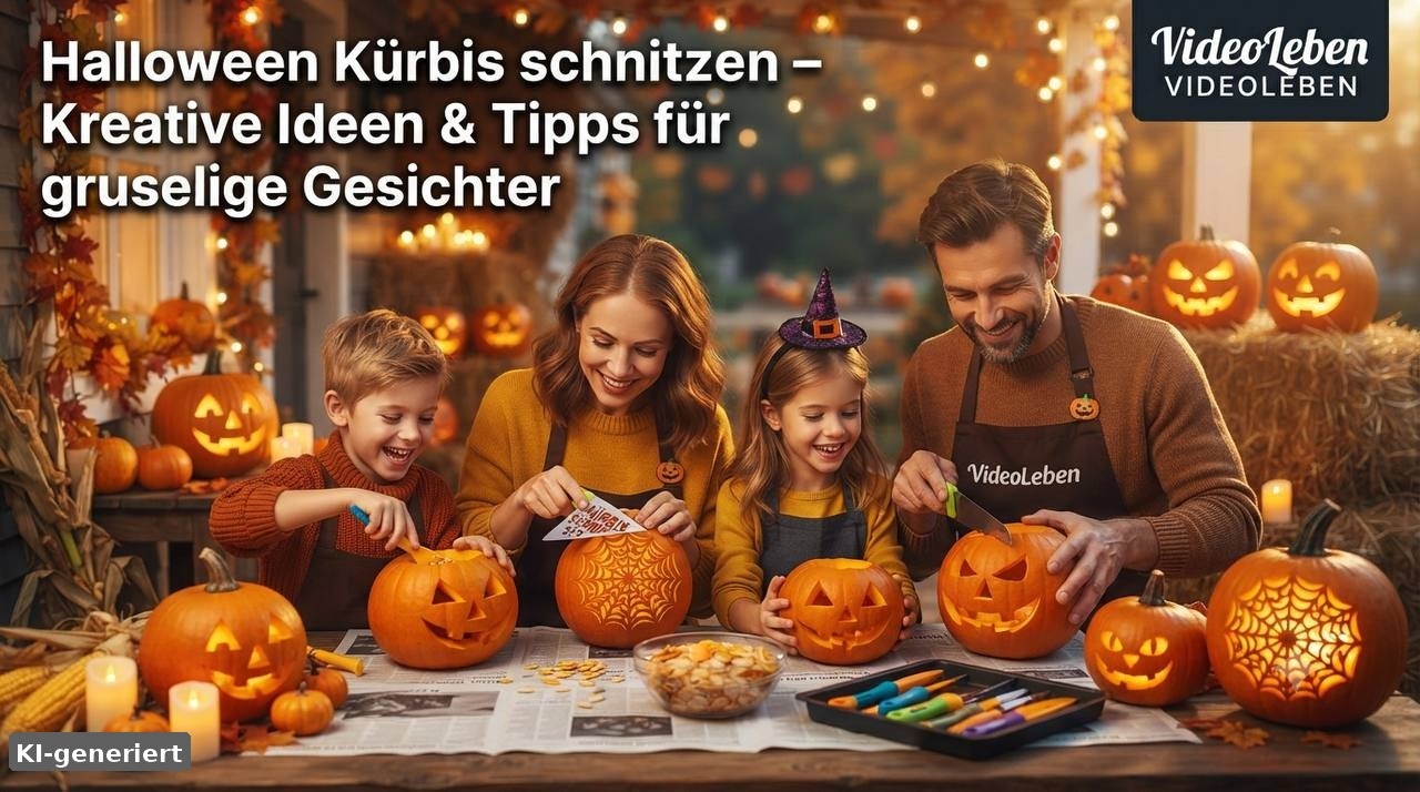 KI-generiertes Bild: Halloween Kürbis schnitzen – Familie beim Kürbisschnitzen