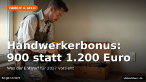 Text-Cover der Rubrik Familie & Geld: Handwerkerbonus 2027 – 900 statt 1.200 Euro. Was der Entwurf vorsieht. KI-generiertes Hintergrundbild.