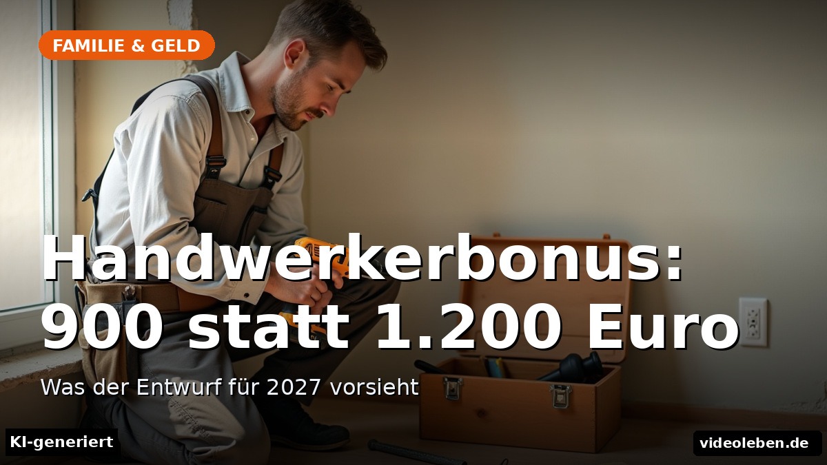 Text-Cover der Rubrik Familie & Geld: Handwerkerbonus 2027 – 900 statt 1.200 Euro. Was der Entwurf vorsieht. KI-generiertes Hintergrundbild.