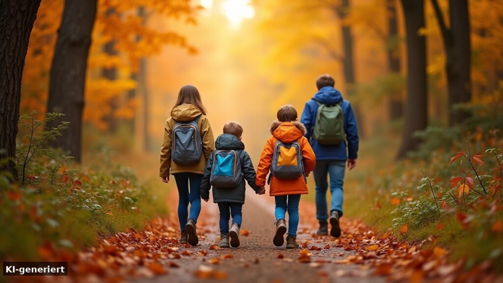 Wanderung im Herbstwald: Ausflüge bei gutem Herbstwetter (KI-generiert)