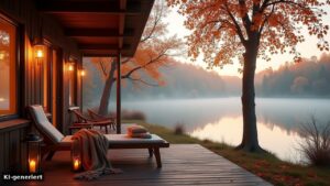 Ferienhaus mit überdachter Terrasse am See im Herbst – gemütliche Unterkunft für die Herbstferien (KI-generiert)