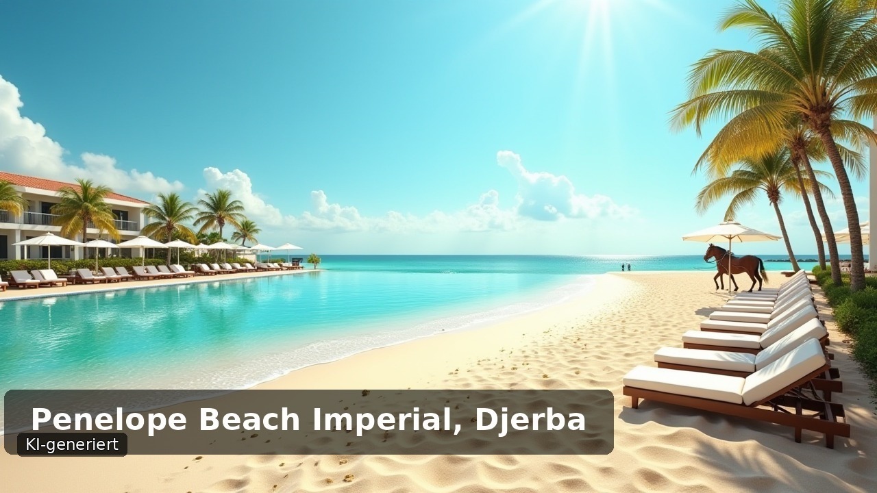 Pool und Strand einer Ferienanlage auf Djerba, Tunesien (KI-generierte Illustration)